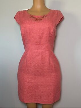 Tahari Coral Pink Cap-Sleeve Sheath Dress with Embellished Neckline